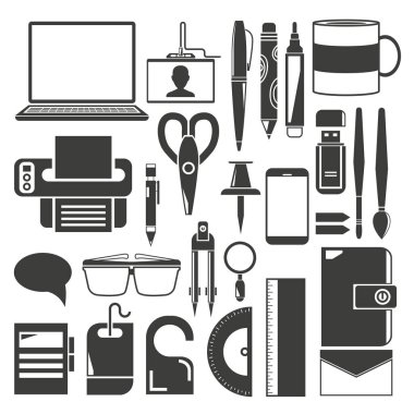 ofis masası düz vektör, ofis malzemeleri, kırtasiye simgeleri 