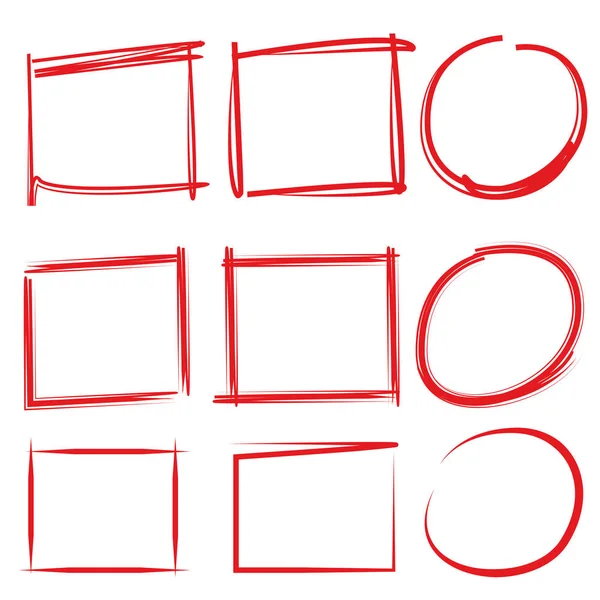 Rode Hand Getekende Cirkel Rechthoek Marker Elementen — Stockvector