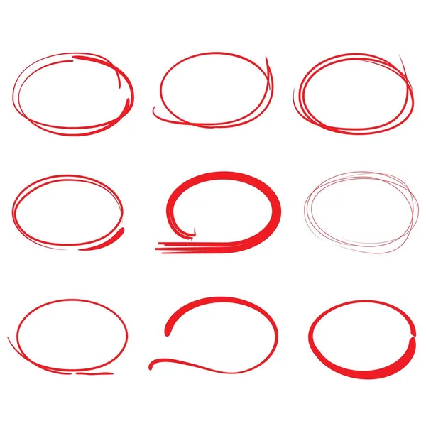 Elementos Marcadores Vermelhos Desenhados Mão Círculos Branco Ovais — Vetor de Stock