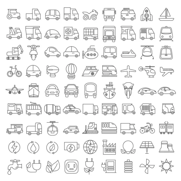 Juego Transporte Iconos Blanco Negro — Vector de stock