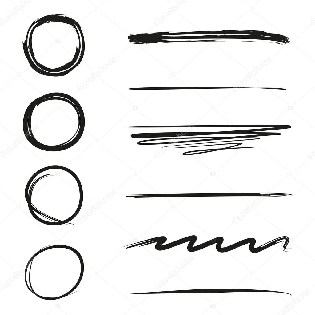 grunge vector frames, hand drawn circle frames, brush lines, underlines