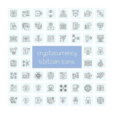 mavi arka plan, cryptoconcurrency kavramı üzerinde bitcoin simgeleri kümesi 