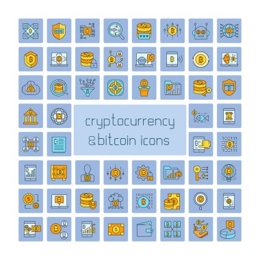 mavi arka plan, cryptoconcurrency kavramı üzerinde bitcoin simgeleri kümesi 