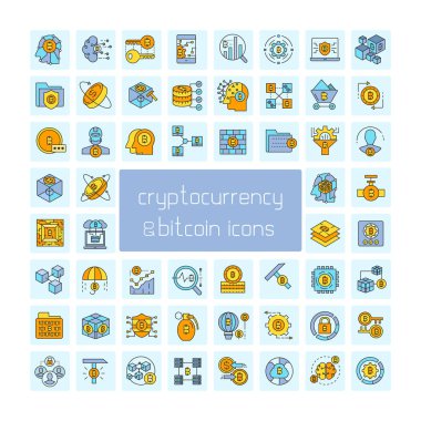 mavi arka plan, cryptoconcurrency kavramı üzerinde bitcoin simgeleri kümesi 