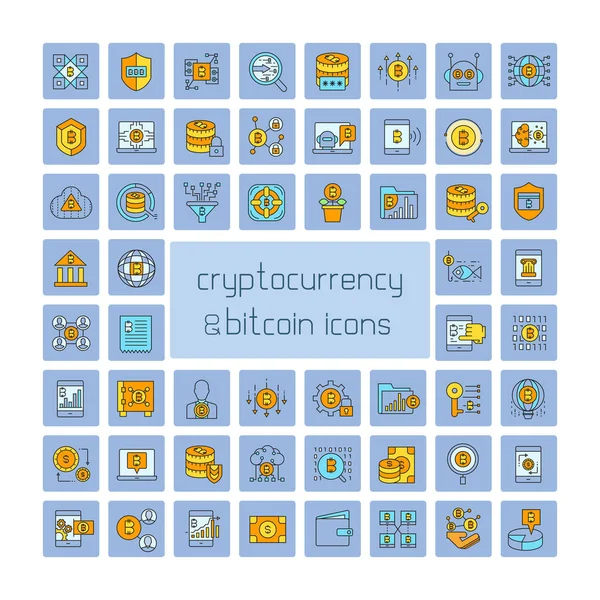 mavi arka plan, cryptoconcurrency kavramı üzerinde bitcoin simgeleri kümesi 