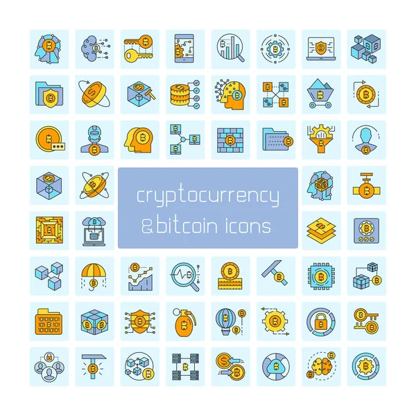 mavi arka plan, cryptoconcurrency kavramı üzerinde bitcoin simgeleri kümesi 