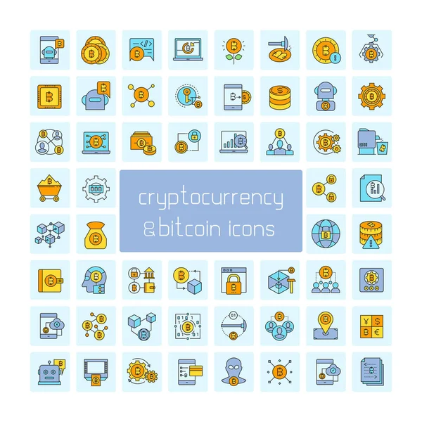 mavi arka plan, cryptoconcurrency kavramı üzerinde bitcoin simgeleri kümesi 