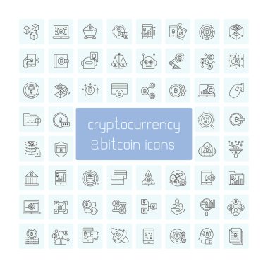 mavi arka plan, cryptoconcurrency kavramı üzerinde bitcoin simgeleri kümesi 