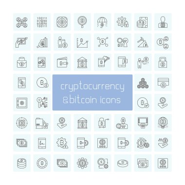 mavi arka plan, cryptoconcurrency kavramı üzerinde bitcoin simgeleri kümesi 