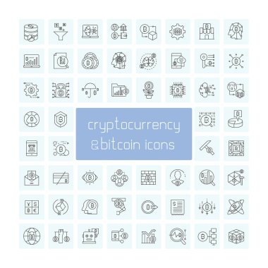 mavi arka plan, cryptoconcurrency kavramı üzerinde bitcoin simgeleri kümesi 