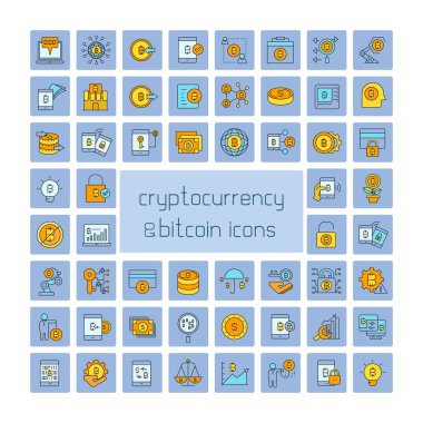 mavi arka plan, cryptoconcurrency kavramı üzerinde bitcoin simgeleri kümesi 