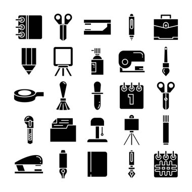 Kırtasiye ve ofis ikonları kabartma tasarımı ayarlandı