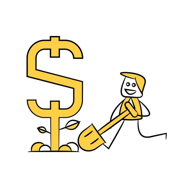 Biznesmen Rośliny Dolar Dla Koncepcji Inwestycyjnej Żółty Kij Postać Design — Wektor stockowy