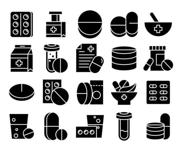 Pharmacy Medicine Icon Set Glyph Design — Stock Vector