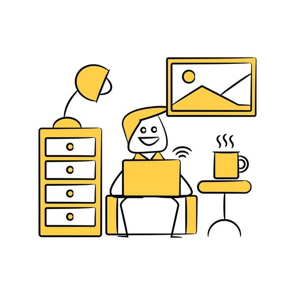 Doodle Homem Trabalhando Com Laptop Para Trabalho Casa Conceito Amarelo —  Vetores de Stock