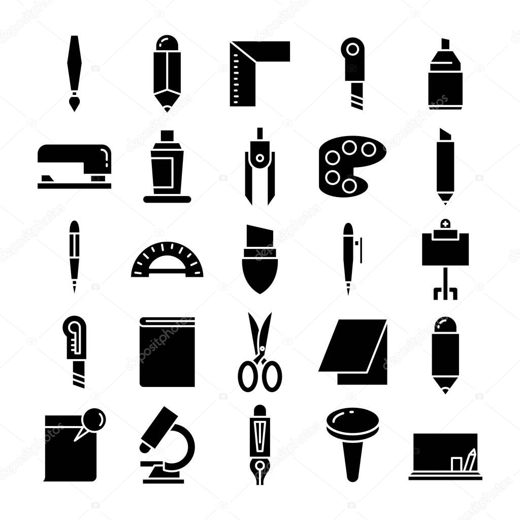 stationery and office supply icons set glyph design
