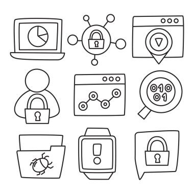 ağ güvenliği ve internet güvenlik simgeleri elle çizilmiş karalama çizgisi