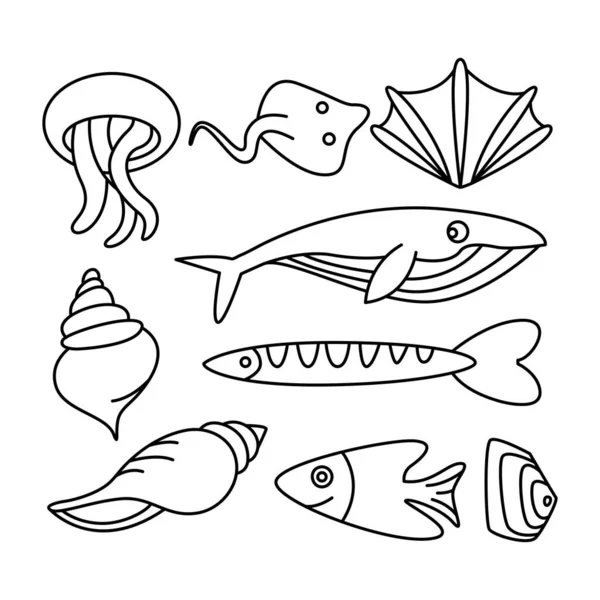 Ψάρια Θαλάσσια Και Ωκεάνια Ζωή Έννοια Γραμμή Σχεδιασμού Θέμα — Διανυσματικό Αρχείο