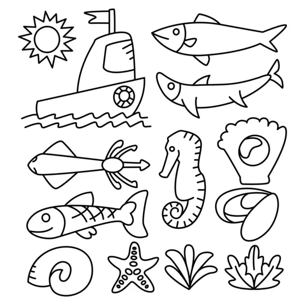 Ψάρια Θαλάσσια Και Ωκεάνια Ζωή Έννοια Γραμμή Σχεδιασμού Θέμα — Διανυσματικό Αρχείο