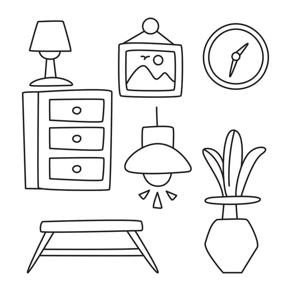 Conjunto Muebles Decoración Interior Dibujado Mano Tema Diseño Línea — Vector de stock