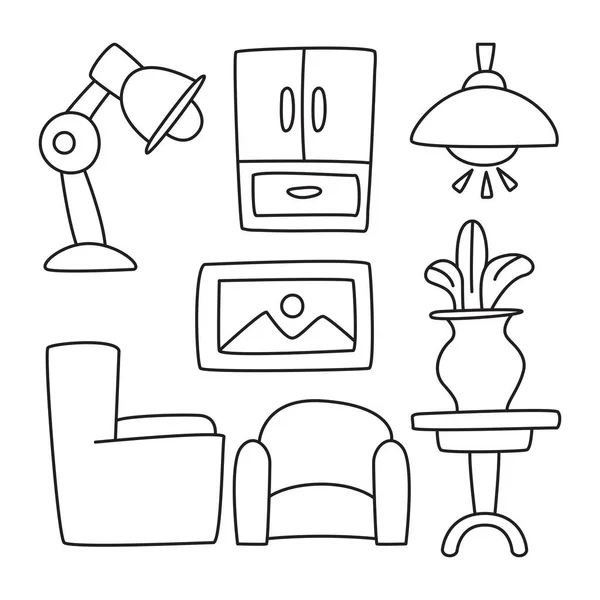 Conjunto Muebles Decoración Interior Dibujado Mano Tema Diseño Línea — Vector de stock