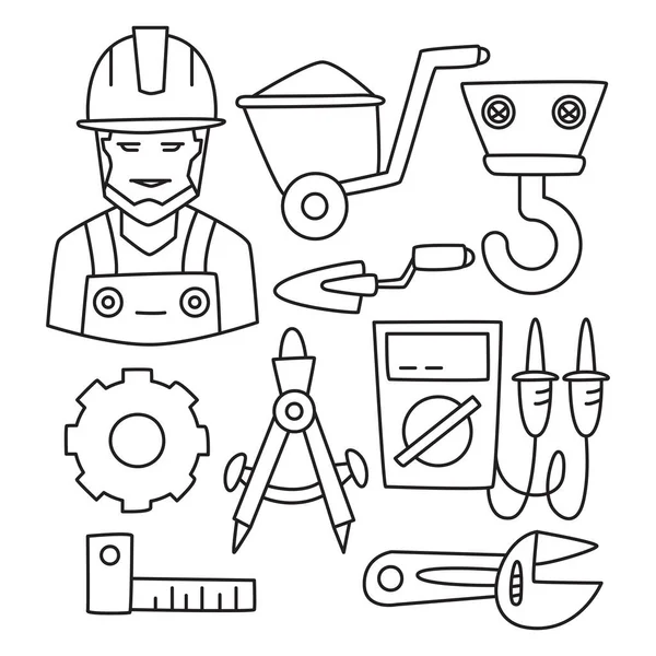 Iconos Herramientas Ingeniería Construcción Dibujado Mano Doodle Línea Diseño — Vector de stock