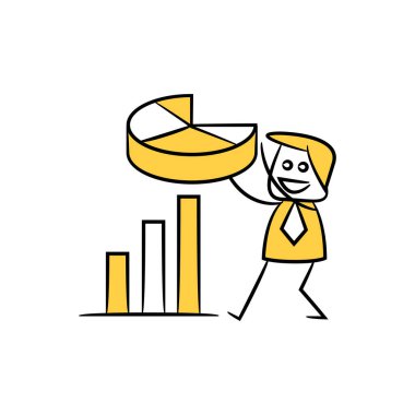 İş adamı elinde pasta grafiği ve bar tablosu sarı çizgi teması