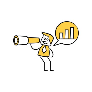 İş adamları veri grafiği sarı çubuk temasını görüntülemek için dürbün kullanıyor