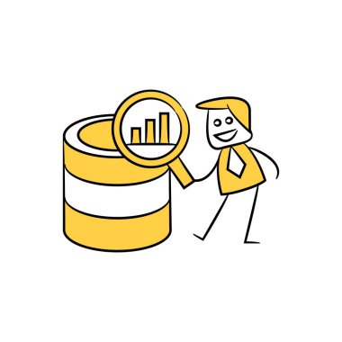 İş adamı büyüteç cam analitik sunucu verisi sarı çubuk şekli teması kullanıyor