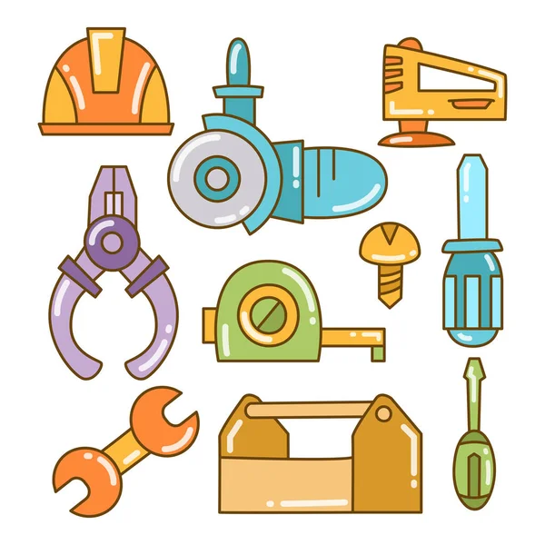 Iconos Herramientas Ingeniería Construcción Diseño Línea Doodle Color — Archivo Imágenes Vectoriales