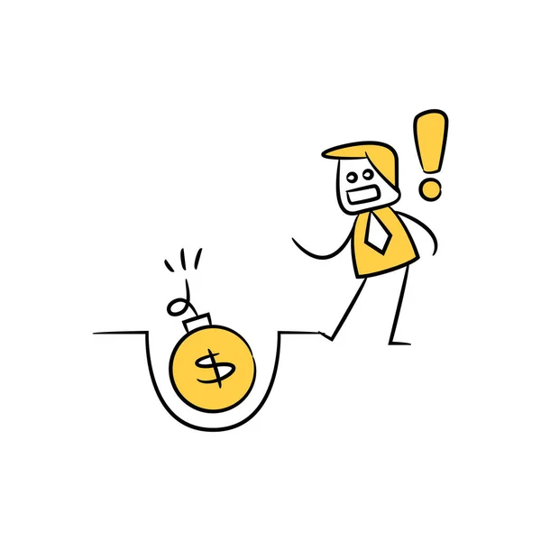 Biznesmen Pieniądze Dług Bomba Żółty Kij Postać Doodle Motyw — Wektor stockowy