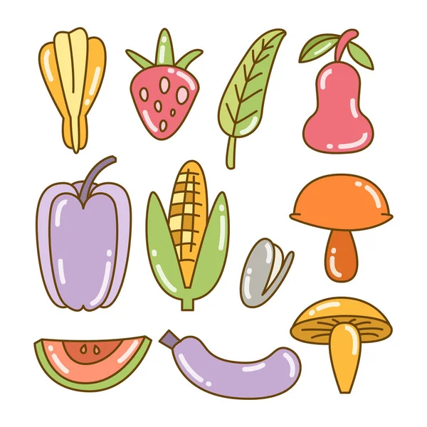 Frutas Vegetais Vetor Elementos Cor Doodle Linha Tema — Vetor de Stock