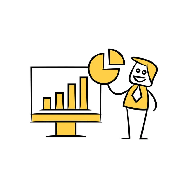 データ分析の概念のためのビジネスマンとデータチャート黄色の棒図のテーマ — ストックベクタ