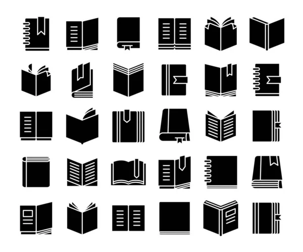 Libros Iconos Tema Diseño Glifo Conjunto — Vector de stock