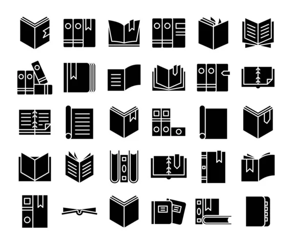 Libros Iconos Tema Diseño Glifo Conjunto — Archivo Imágenes Vectoriales