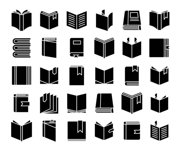 Libros Iconos Tema Diseño Glifo Conjunto — Vector de stock