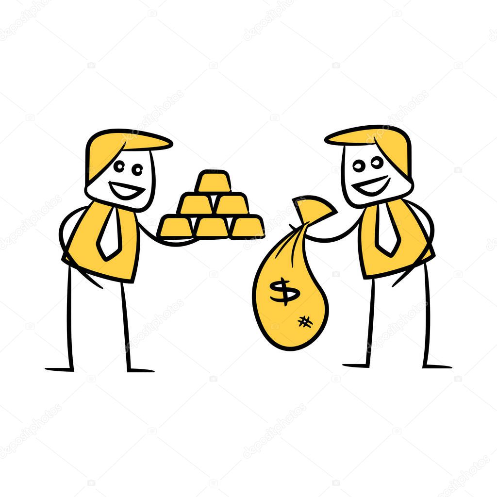 businessman barter money and gold yellow stick figure design