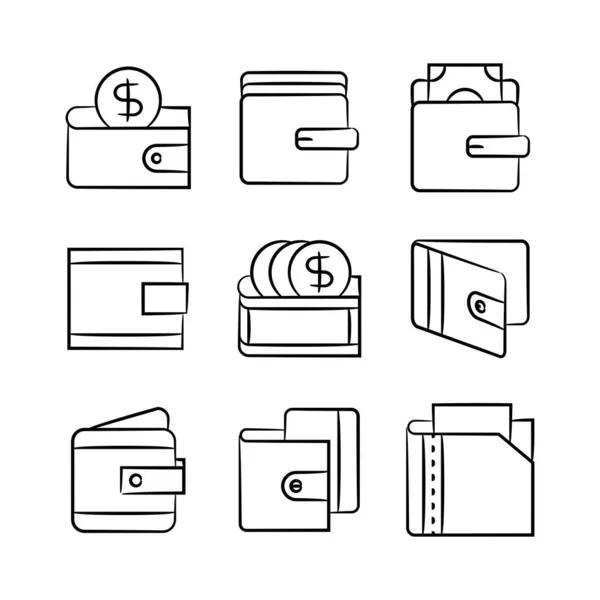 Handgezogenes Portemonnaie Und Geldsymbole — Stockvektor