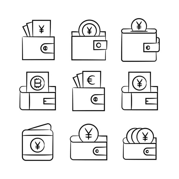 Hand Getrokken Portemonnee Geld Pictogrammen Ingesteld — Stockvector