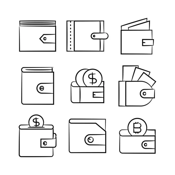 Handgezogenes Portemonnaie Und Geldsymbole — Stockvektor