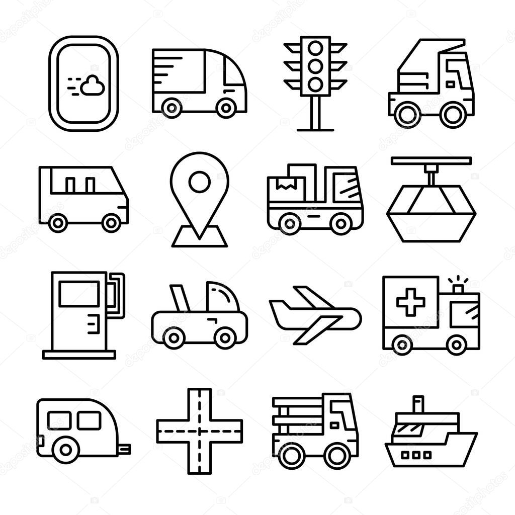 vehicle and transportation line icons vector set