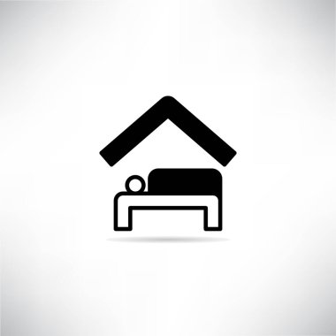 Gri arkaplan vektöründe gölgesi olan motel ve yatak odası simgesi