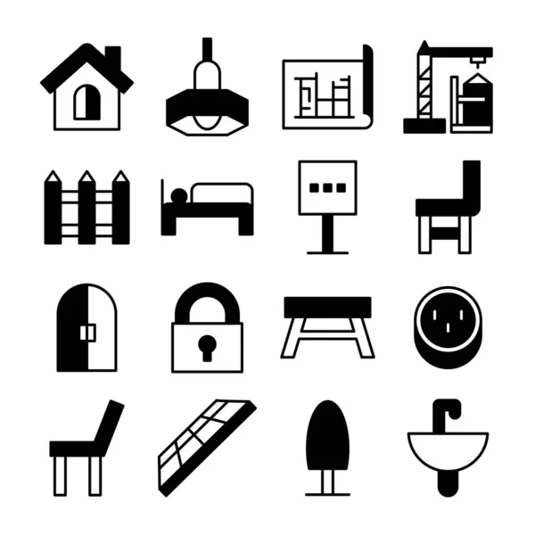 Furniture Home Appliance Construction Icons Line Set — Stock Vector