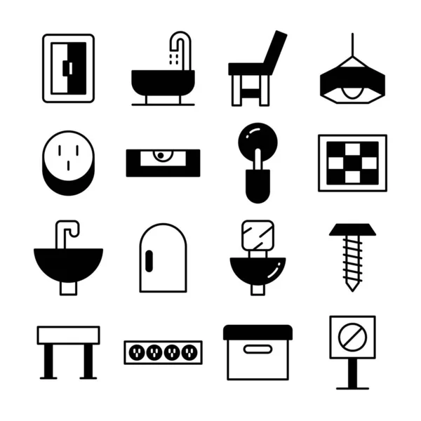 Furniture Home Appliance Construction Icons Line Set — Stock Vector