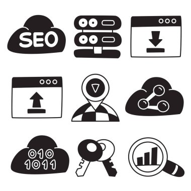 seo ve ağ simgeleri elle çizilmiş karalama