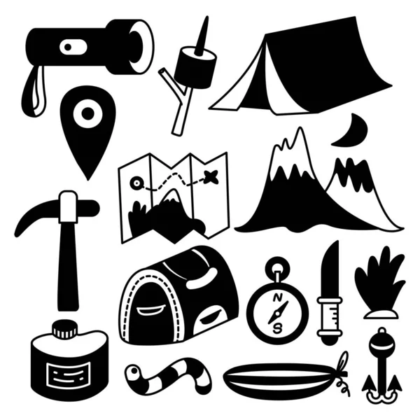 Camping Wandelen Pictogrammen Ingesteld — Stockvector