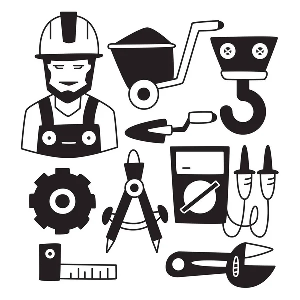 Iconos Herramientas Ingeniería Construcción Garabatos Dibujados Mano — Vector de stock