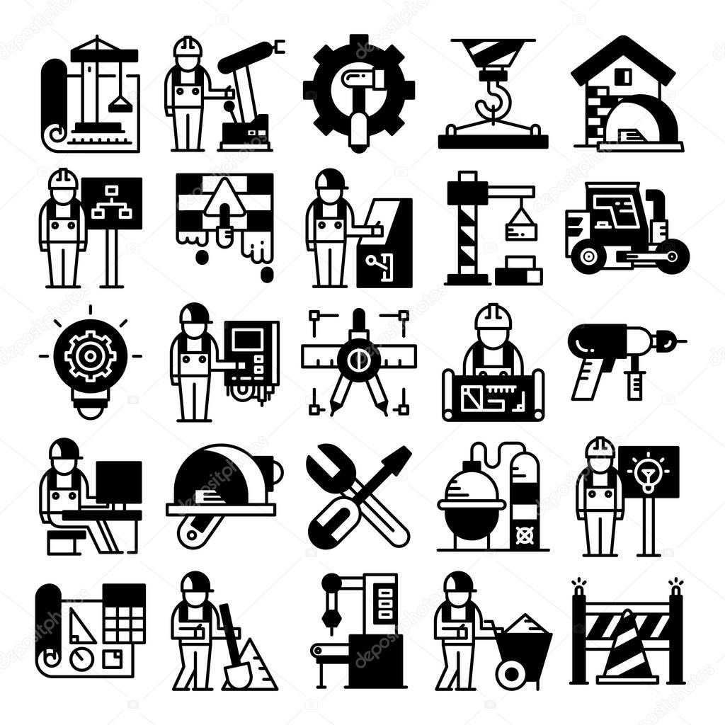 engineering, automation technology and tool icons set