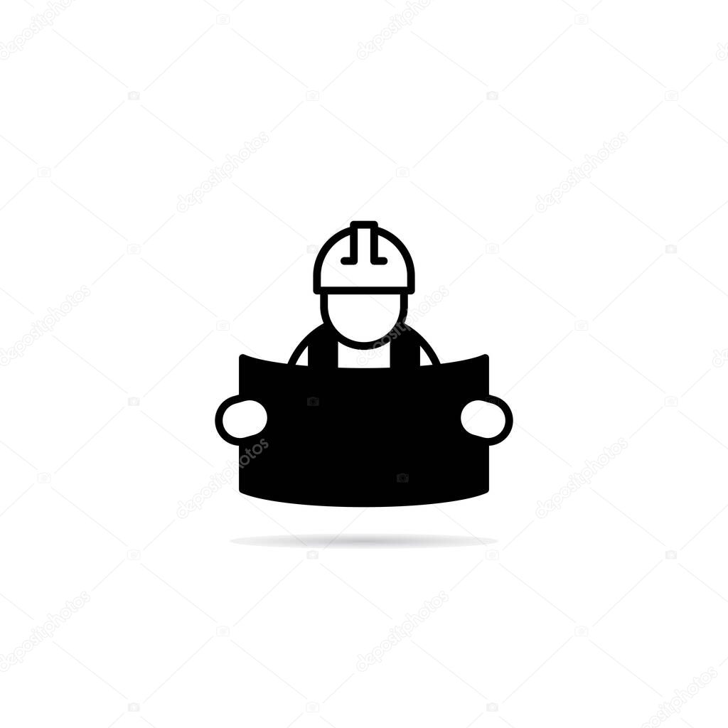 engineer reading draft document or blueprint icon with drop shadow vector illustration