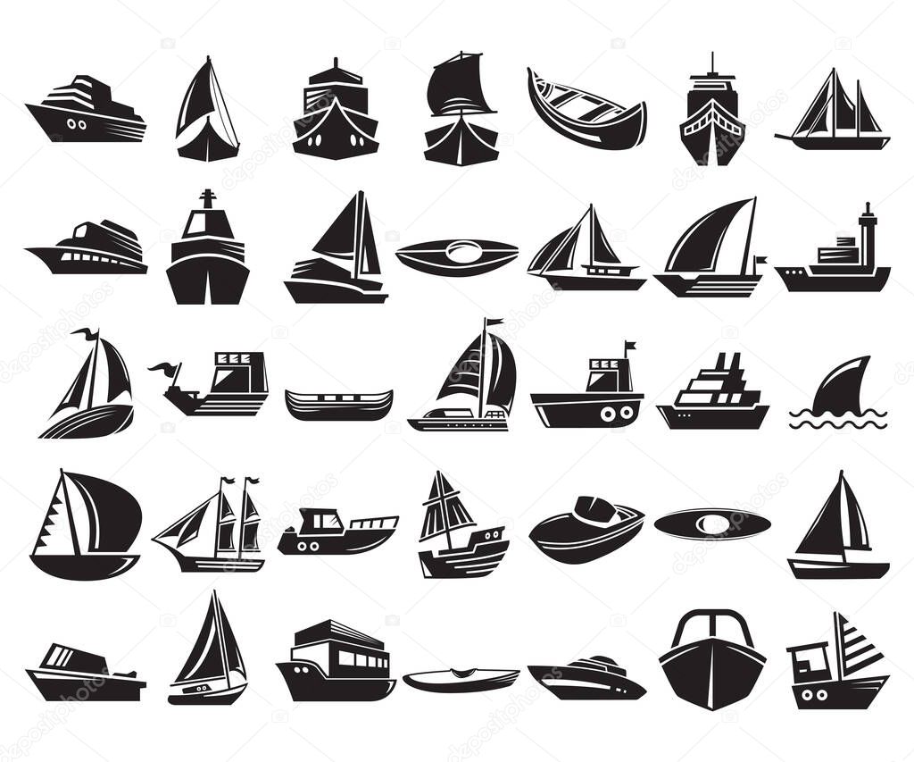 ship, boat, vessel, cargo ship and water transportation icons set